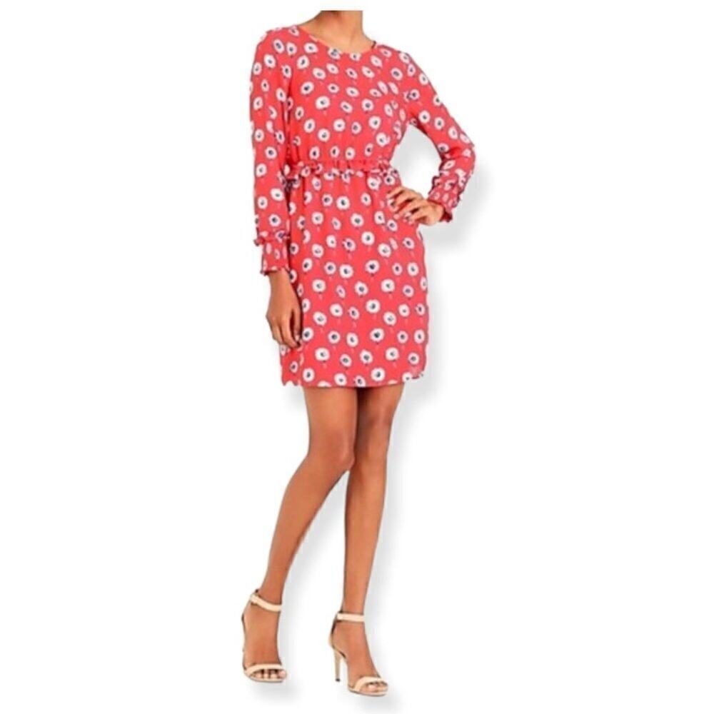 J.Crew Red & White Floral Print Long Sleeve Ruffle Waist Sheath Dress Size 2